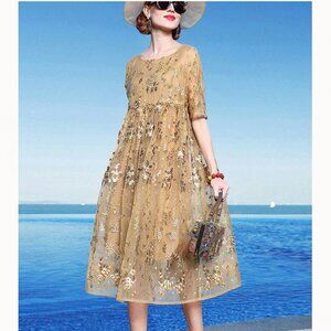 SooLinen beaded champagne tulle formal dress, size 3X = US 16-18